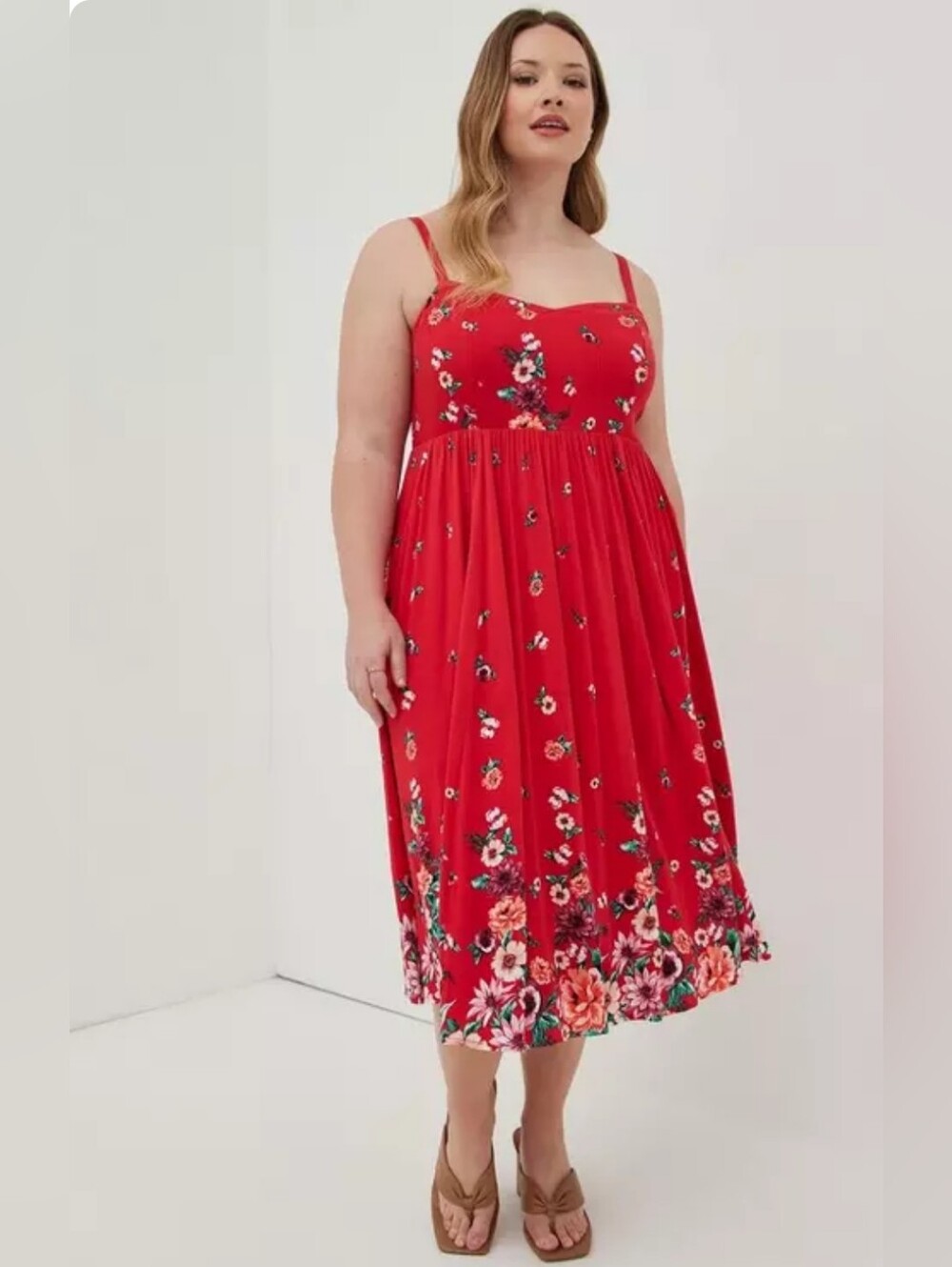 Torrid Women Floral Fit/Flare Dress Plus Size 1X Coral Midi Fairy Summer Travel